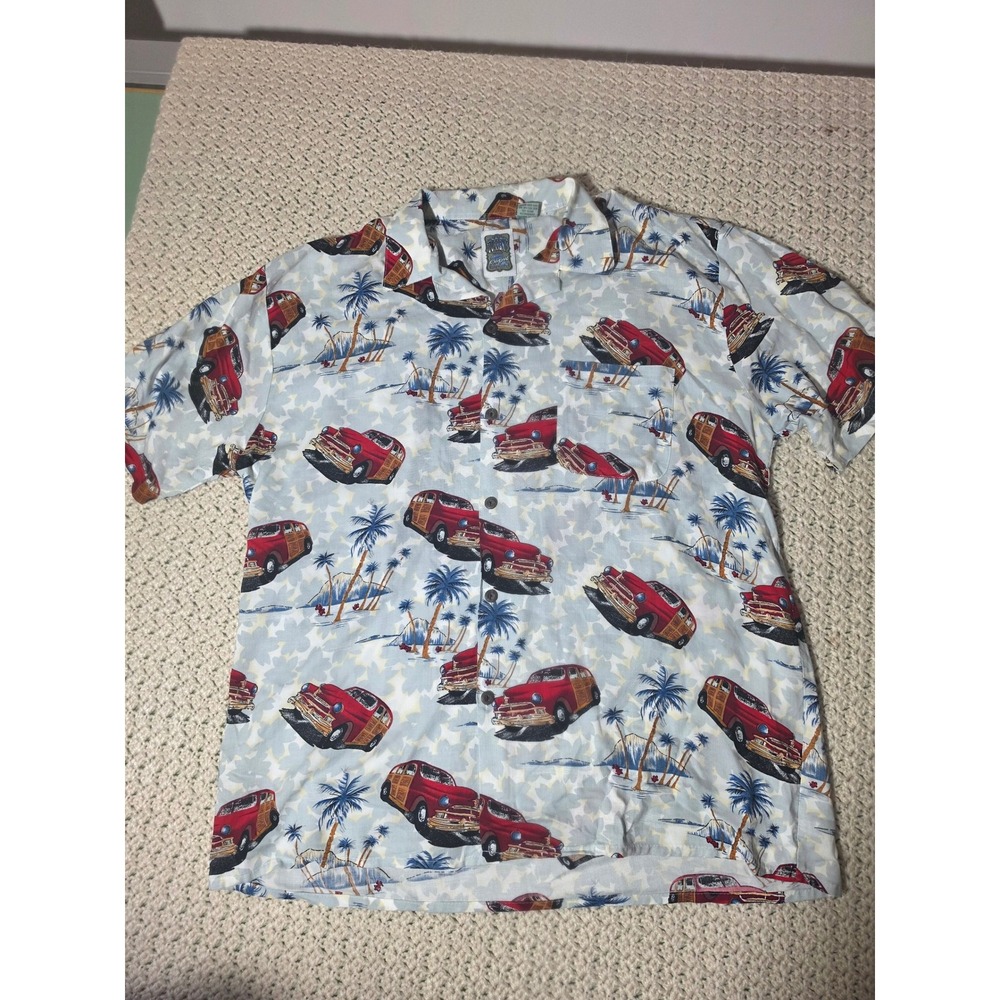 Ocean Current Button Up Shirt Mens Large Blue Vintage Woody Wagon Rayon